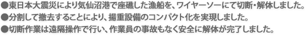 ●東日本大震災により気仙沼港で座礁した漁船を、ワイヤーソーにて切断・解体しました。<br />
●分割して撤去することにより、揚重設備のコンパクト化を実現しました。<br />
●切断作業は遠隔操作で行い、作業員の事故もなく安全に解体が完了しました。